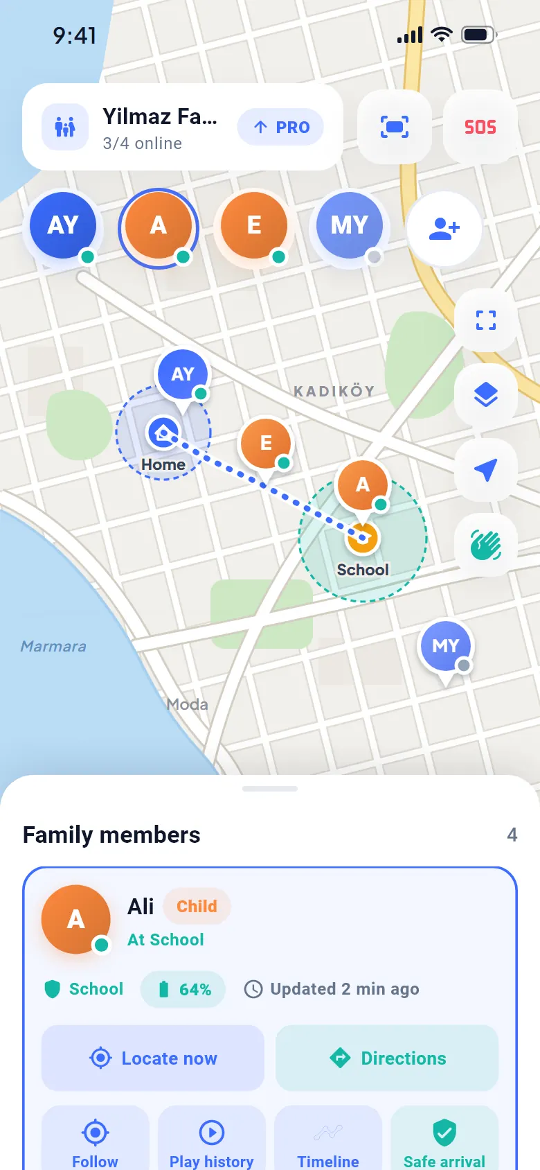 The Location Assist family map: the Yilmaz family on the map; Ali is at school, battery 64%, location updated 2 minutes ago.