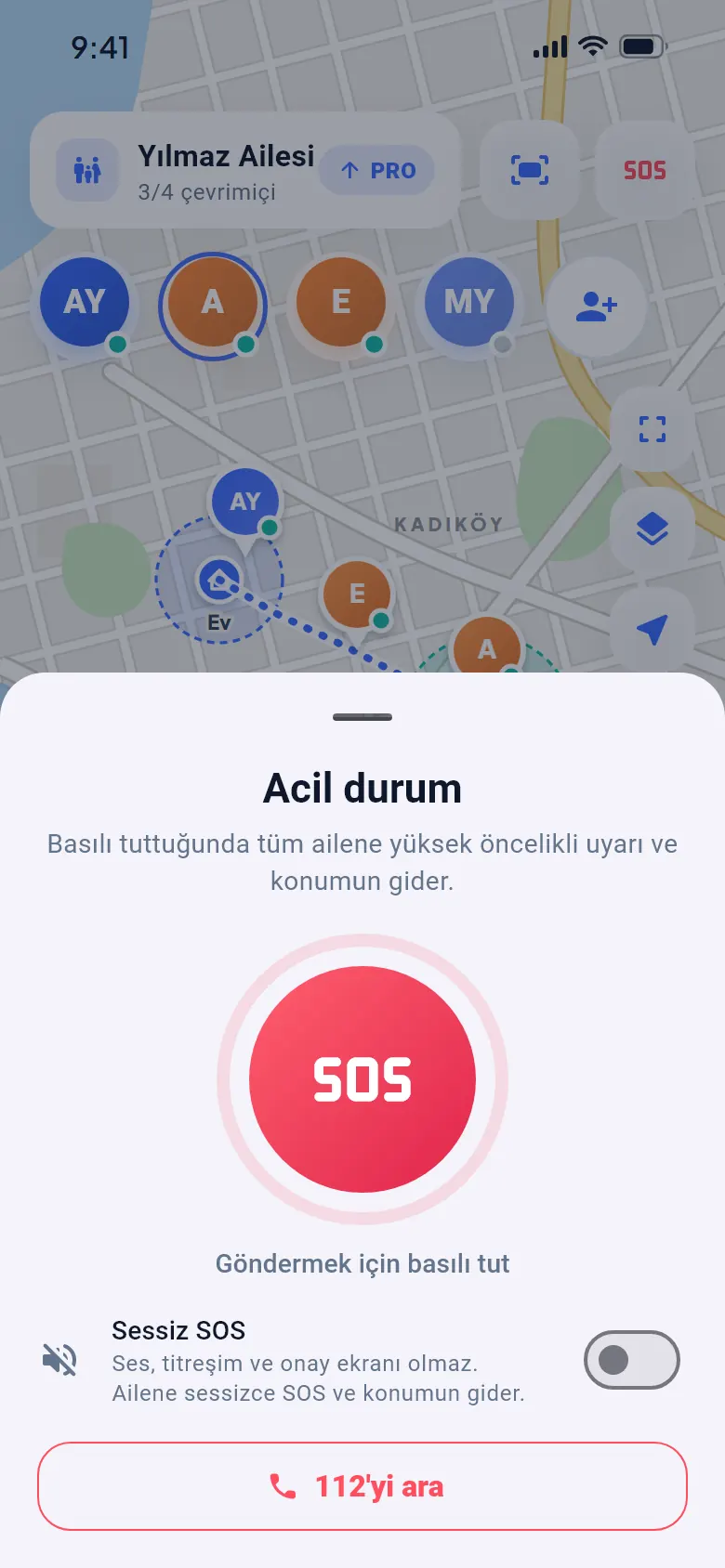 Acil durum ekranı: göndermek için basılı tutulan SOS düğmesi, Sessiz SOS anahtarı ve 112'yi ara düğmesi.
