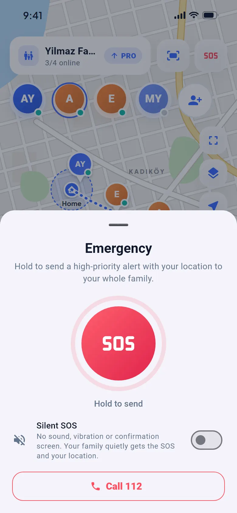 Emergency screen: the SOS button you hold to send, the Silent SOS switch and the Call 112 button.